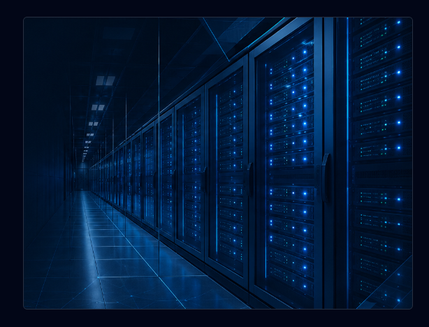 Corredor de datacenter com racks iluminados em azul